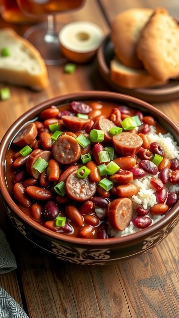 Delicious New Orleans Style Red Beans and Rice Recipe A hearty bowl of New Orleans red beans and rice with sausage, garnished with green onions, on a rustic table.